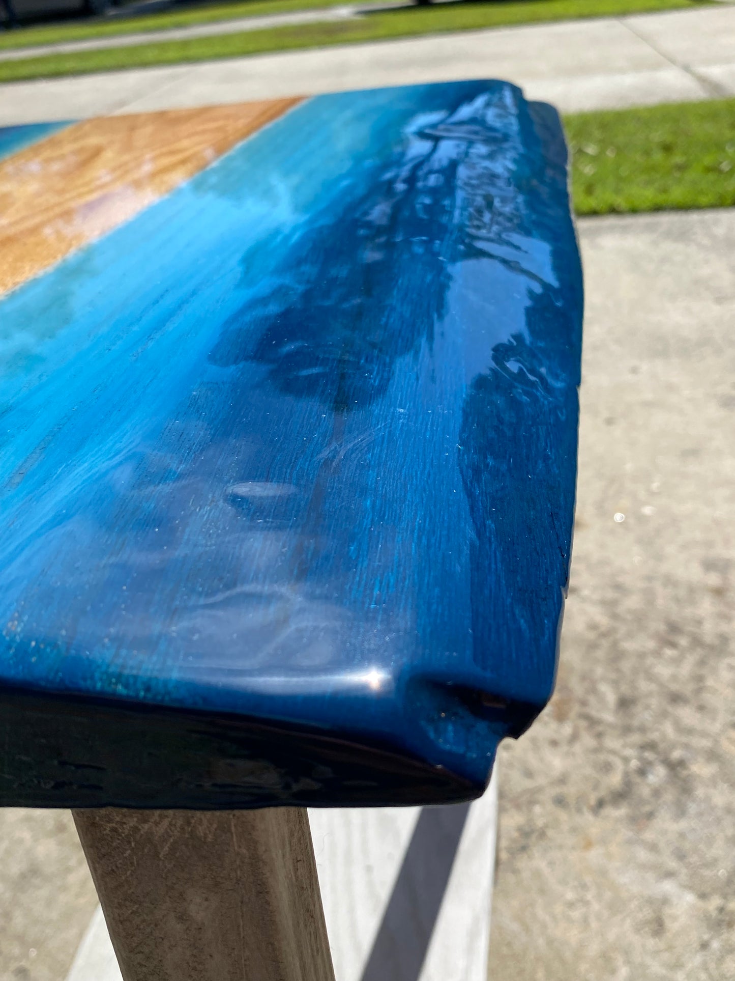 Live edge outdoor end table, oceanic epoxy