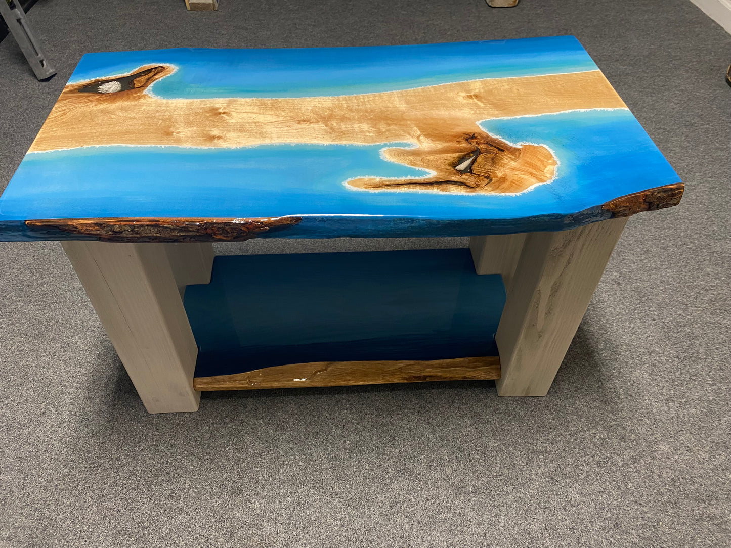 Table with inlayed shells and epoxy coat, coffee table