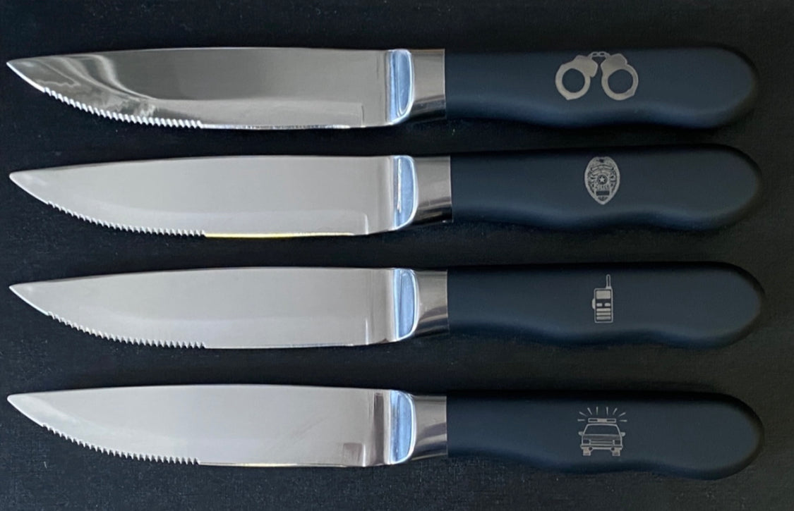 Jumbo steak knife set: Black rubber handles