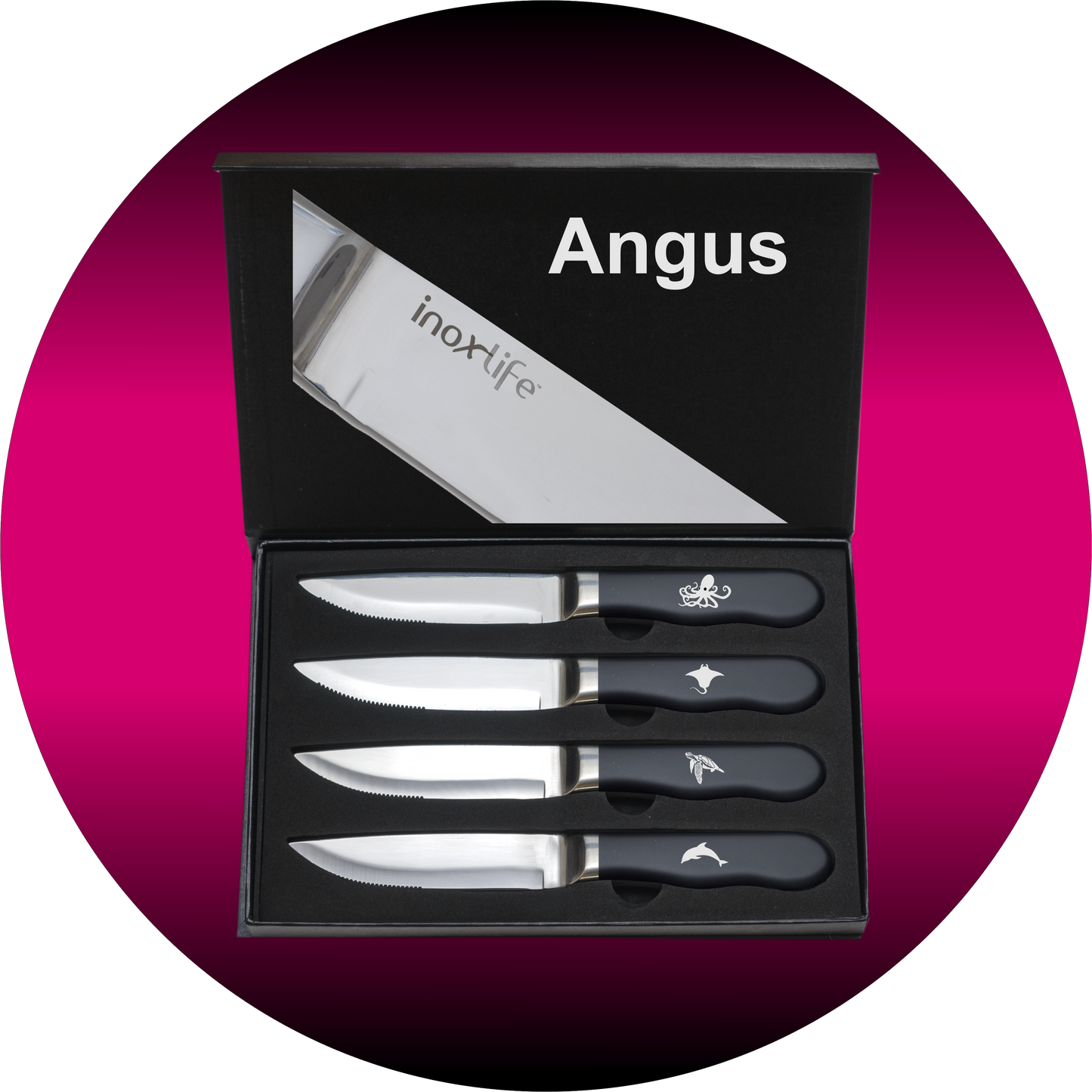 Jumbo steak knife set: Black rubber handles