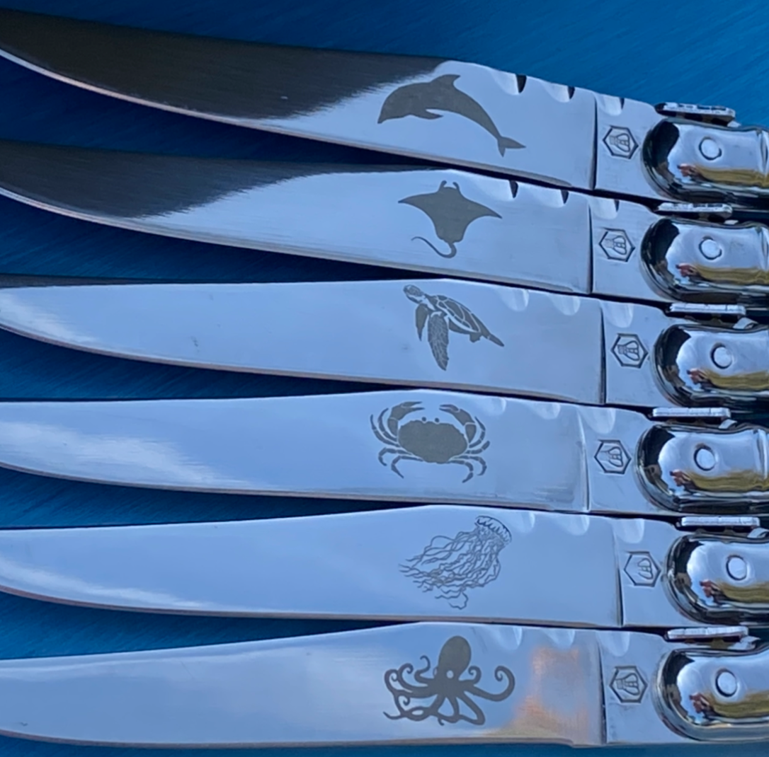 Laguiole 6 piece knife set with pink handles: Sea Creatures