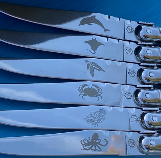 Laguiole 6 piece knife set with pink handles: Sea Creatures