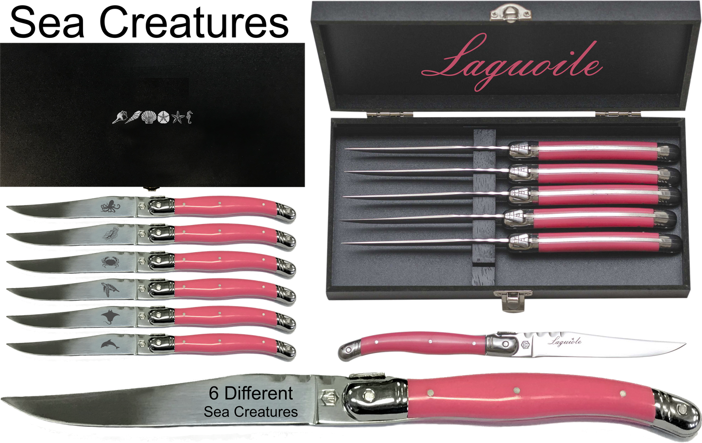 Laguiole 6 piece knife set with pink handles: Sea Creatures